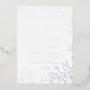 Invitación Con Relieve Metalizado Plata Hoja Floral Niño O Niña Bautizo Plata