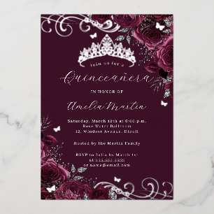 Invitación Con Relieve Metalizado Plata mariposa Borgoña Floral Quinceanera