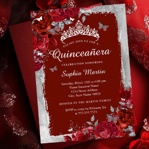 Invitación Con Relieve Metalizado Plata Roja Elegante Mariposa Floral Quinceanera