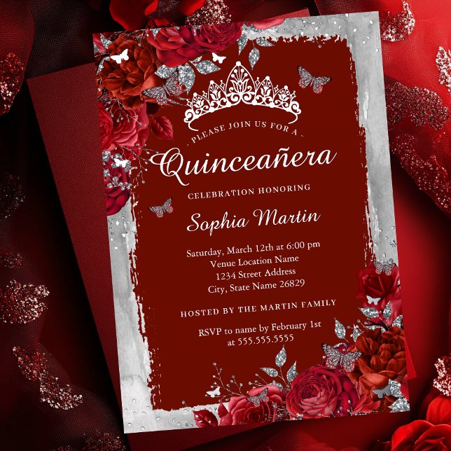 Invitación Con Relieve Metalizado Plata Roja Elegante Mariposa Floral Quinceanera (Subido por el creador)