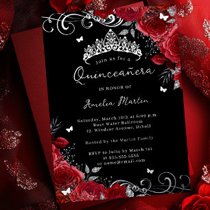 Invitación Con Relieve Metalizado Plata Rosa Roja Floral Swirl Quinceanera