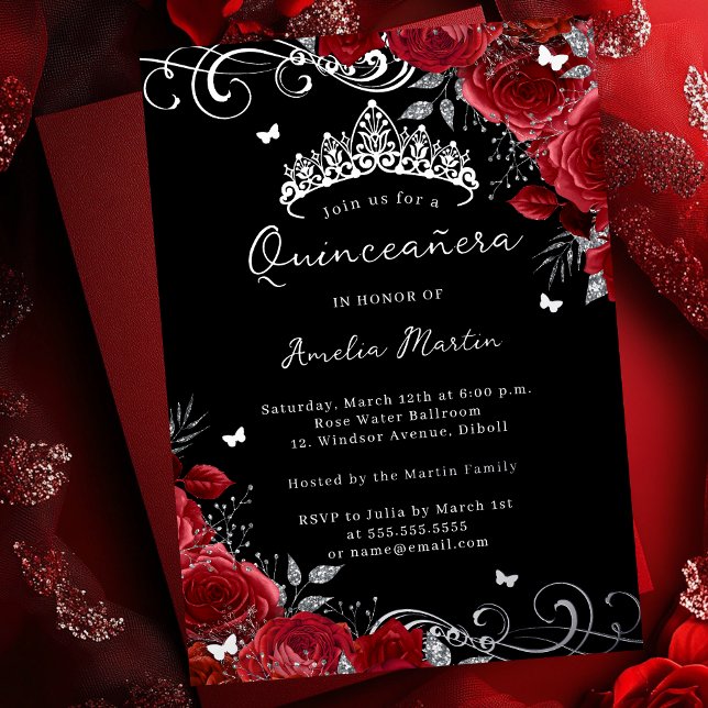 Invitación Con Relieve Metalizado Plata Rosa Roja Floral Swirl Quinceanera (Subido por el creador)