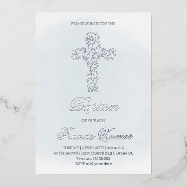 Invitación Con Relieve Metalizado plata Santa Cruz Baptismo (Anverso)