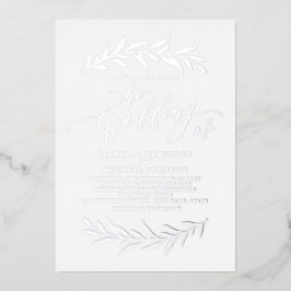 Invitación Con Relieve Metalizado Plata simple caligrafía rústica follaje boda