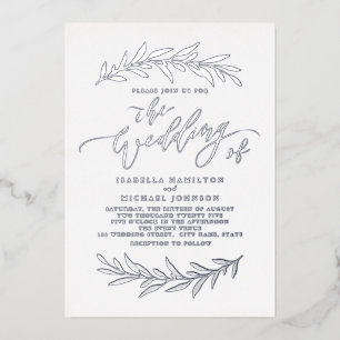 Invitación Con Relieve Metalizado Plata simple caligrafía rústica follaje boda