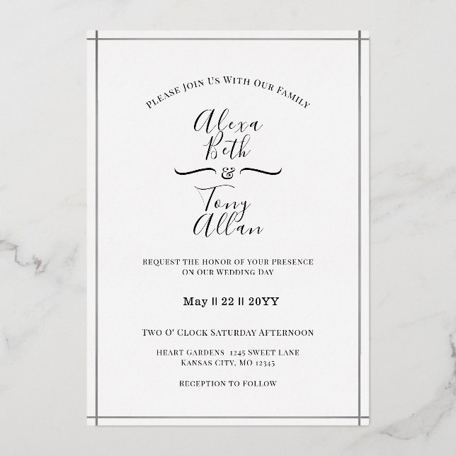 Invitación Con Relieve Metalizado Plata simple Personalizado blanco y negro (Anverso)