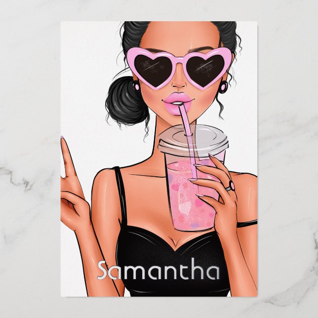 Invitación Con Relieve Metalizado Playa de Moda de Verano Glam Lady (Anverso)