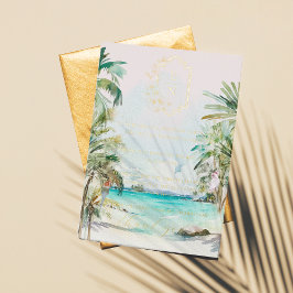Invitación Con Relieve Metalizado Playa Tropical | Agradecimiento de Mesa de Boda co