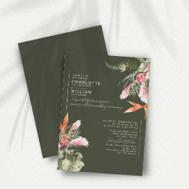 Invitación Con Relieve Metalizado Playa Tropical Floral Oscura Boda Verde Oro