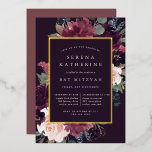 Invitación Con Relieve Metalizado Plum Blossom Bat Mitzvah<br><div class="desc">La invitación al mitzvah de murciélago floral de moda tiene un borde de morada de marsala, color púrpura rosa rubí y flores azules polvorientas, con frondosos follajes botánicos y vegetación y adornos de Relieve metalizado dorado. Personaliza con tu ceremonia de templo y detalles de celebración en letras modernas sobre un...</div>