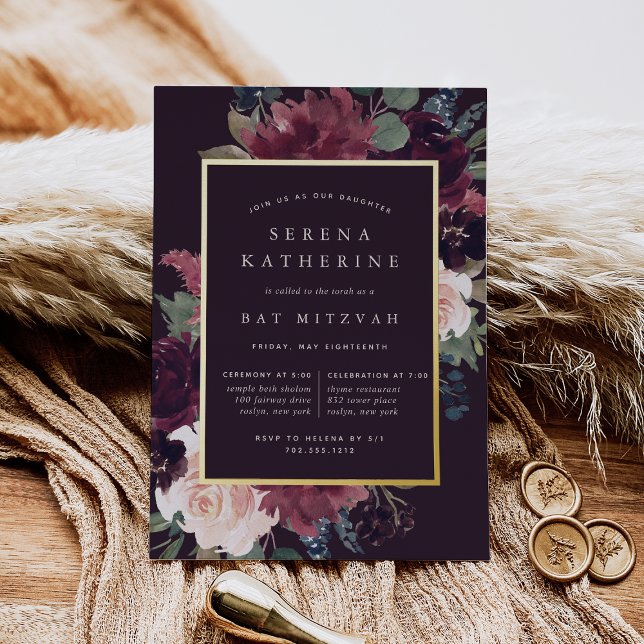 Invitación Con Relieve Metalizado Plum Blossom Bat Mitzvah (Subido por el creador)