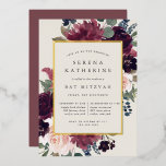 Invitación Con Relieve Metalizado Plum Blossom Bat Mitzvah<br><div class="desc">La invitación al mitzvah de murciélago floral de moda tiene un borde de morada de marsala, color púrpura rosa rubí y flores azules polvorientas, con frondosos follajes botánicos y vegetación y adornos de Relieve metalizado dorado. Personaliza con tu ceremonia de templo y detalles de celebración en letras modernas con un...</div>