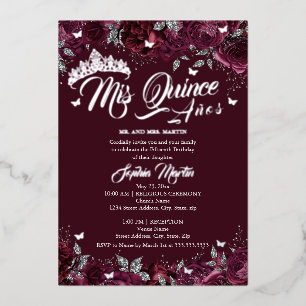 Invitación Con Relieve Metalizado Plum Burgundy Rosa Mis Quince