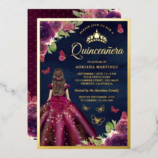 Invitación Con Relieve Metalizado Plum Floral Mariposa Marina Azul Quinceanera Oro (Anverso/Reverso)