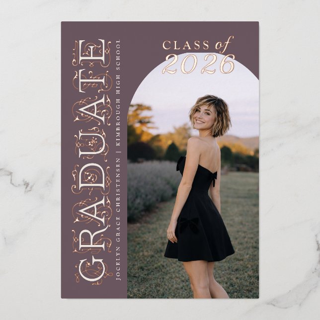 Invitación Con Relieve Metalizado Plum Ivory Photo Graduation Rose Gold (Anverso)