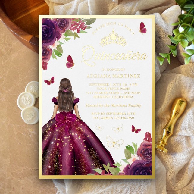 Invitación Con Relieve Metalizado Pluma Floral Vestido Mariposa Quinceanera Oro (Subido por el creador)