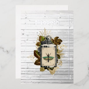 Invitación Con Relieve Metalizado Poción de veneno floral Halloween gótico madera de