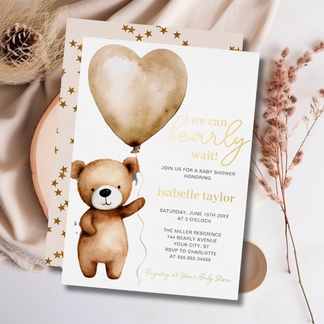 Invitación Con Relieve Metalizado Podemos Esperar A Baby Shower Real Gold (We Can Bearly Wait Baby Shower Real Gold Foil Invitation)