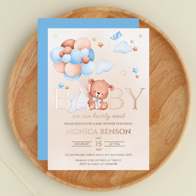 Invitación Con Relieve Metalizado Podemos esperar a boho azul beige ducha bebé (Subido por el creador)