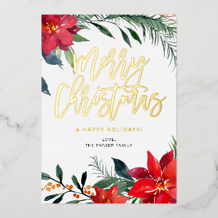 Invitación Con Relieve Metalizado Poinsettia Floral Feliz Navidad