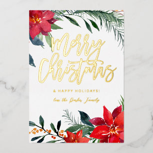 Invitación Con Relieve Metalizado Poinsettia Floral Foto Brillo Feliz Navidad