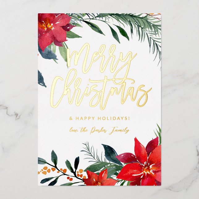 Invitación Con Relieve Metalizado Poinsettia Floral Foto Glitter Feliz Navidad  (Anverso)