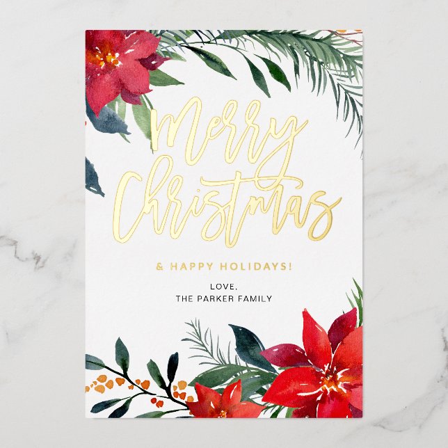 Invitación Con Relieve Metalizado Poinsettia Floral Merry Christmas (Anverso)