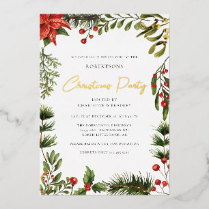 Invitación Con Relieve Metalizado Poinsettia floral verde Navidad fiesta dorada