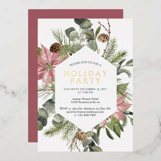 Invitación Con Relieve Metalizado Poinsettia Greenery Wreath Holiday Party Gold (Anverso/Reverso)