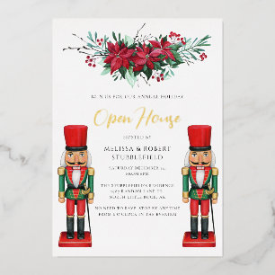 Invitación Con Relieve Metalizado Poinsettia Juguete Cascanueces Dorado Fiesta de Na