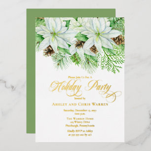 Invitación Con Relieve Metalizado Poinsettias Blancas   Piñas de Pino Fiesta Navideñ