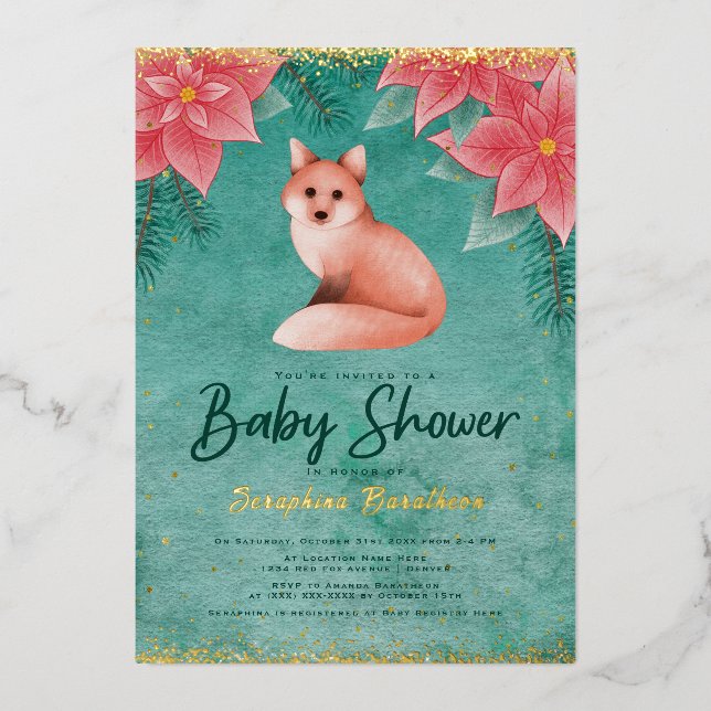 Invitación Con Relieve Metalizado Poinsettias y Red Fox Winter Baby Shower (Anverso)