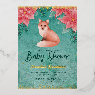 Invitación Con Relieve Metalizado Poinsettias y Zorro Rojo Baby Shower de Invierno