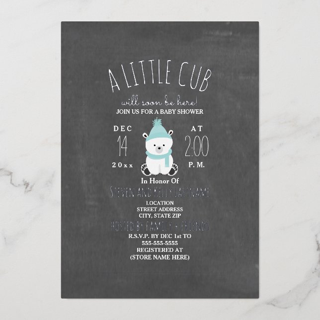 Invitación Con Relieve Metalizado Polar Bear Boy Winter Baby Shower Snowflakes (Anverso)