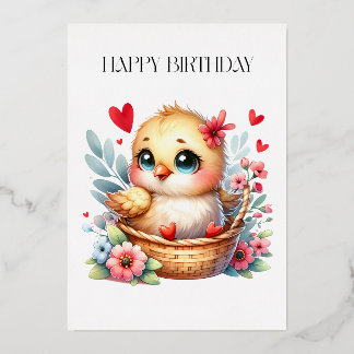 Invitación Con Relieve Metalizado Pollito de cumpleaños lindo.