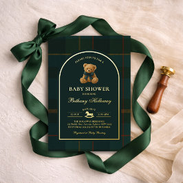 Invitación Con Relieve Metalizado Polo Teddy Bear Tartan Check Baby Shower