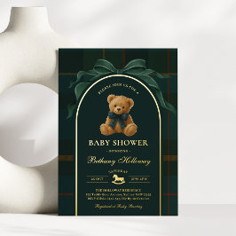 Invitación Con Relieve Metalizado Polo Teddy Bear Tartan Flannel Boy Baby Shower