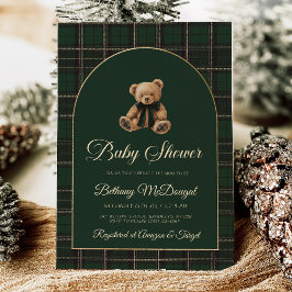 Invitación Con Relieve Metalizado Polo Teddy Bear Tartan Preppy Baby Shower