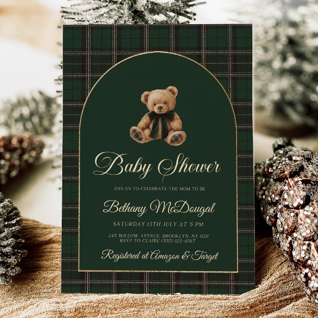 Invitación Con Relieve Metalizado Polo Teddy Bear Tartan Preppy Baby Shower (polo bear invitation, green tartan baby shower, preppy baby shower, foil invitation, classic baby sh)