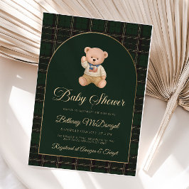 Invitación Con Relieve Metalizado Polo Teddy Bear Tartan Preppy Baby Shower