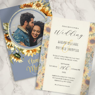 Invitación Con Relieve Metalizado Polvo de boda de girasol azul personalizado con fo