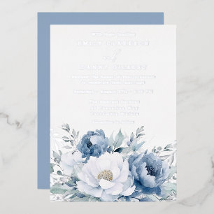 Invitación Con Relieve Metalizado Polvo Mágico Azul y Blanco Floral Boda Plata
