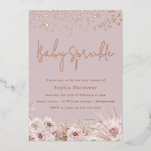 Invitación Con Relieve Metalizado Polvo Rosa Suave Lluvia de Bebé Ducha Rosa Dorado