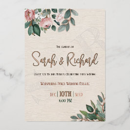 Invitación Con Relieve Metalizado Polvoriento Rosa y verde patio interior de flores 