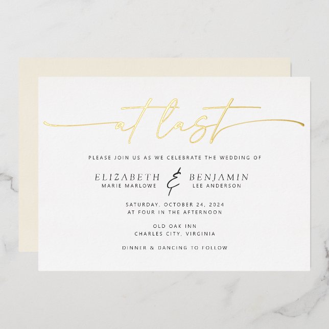 Invitación Con Relieve Metalizado Por fin Boda horizontal (Anverso/Reverso)