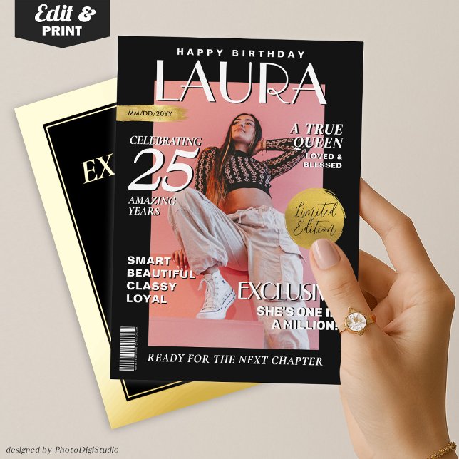 Invitación Con Relieve Metalizado Portada de la revista Personalizado de cumpleaños  (Modern Birthday Custom Magazine Cover, Portrait Foil Invitation Black and Gold )