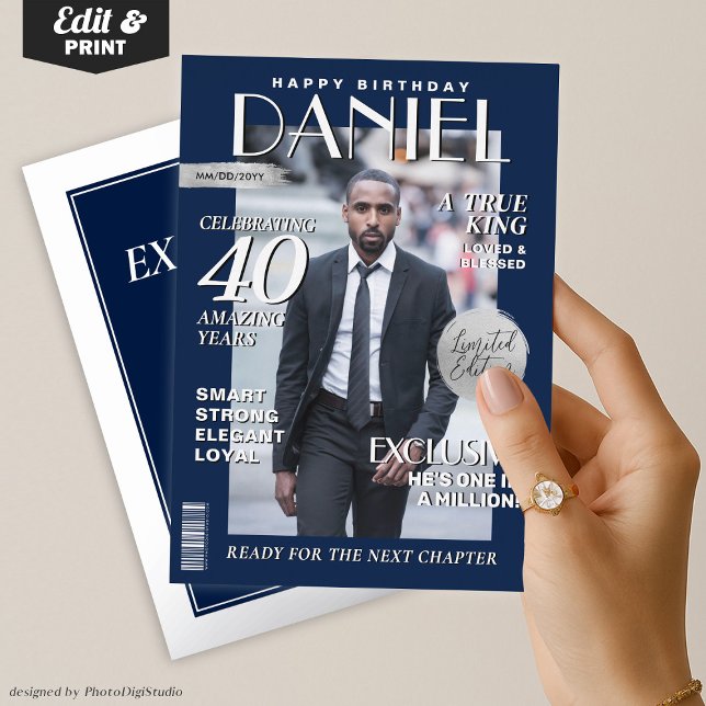 Invitación Con Relieve Metalizado Portada de la revista Personalizado de cumpleaños  (Modern Birthday Custom Magazine Cover, Portrait Foil Invitation Blue and Silver)