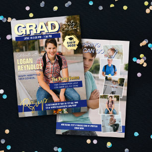 Invitación Con Relieve Metalizado Portada de revista Cool Blue Gold Photos Graduació