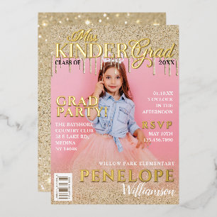 Invitación Con Relieve Metalizado Portada de revista Miss Kinder Grad con destellos 