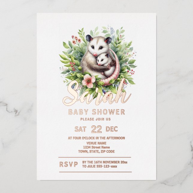 Invitación Con Relieve Metalizado Possum Baby Shower (Anverso)